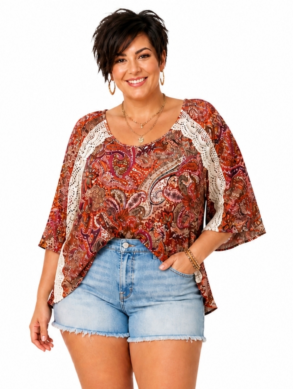 Forever Jade Plus Size Rust Paisley Crochet Lace Boho Blouse Top 3X